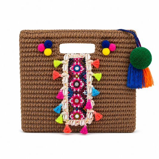 COLOUR TASSEL WICKER BAG