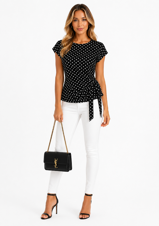 Satin Polka Dots Side Wrap Blouse