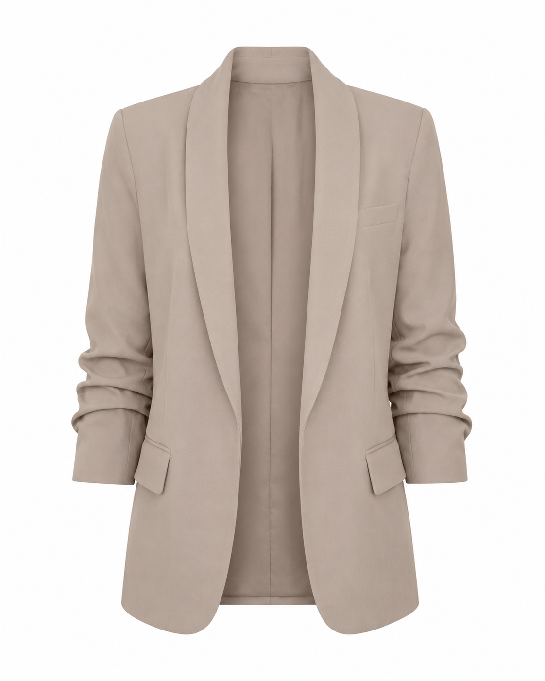 Taupe Open Blazer with Ruched Sleeves