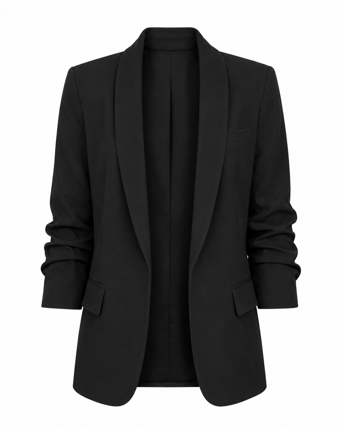 Black Open Blazer with Ruched Sleeves