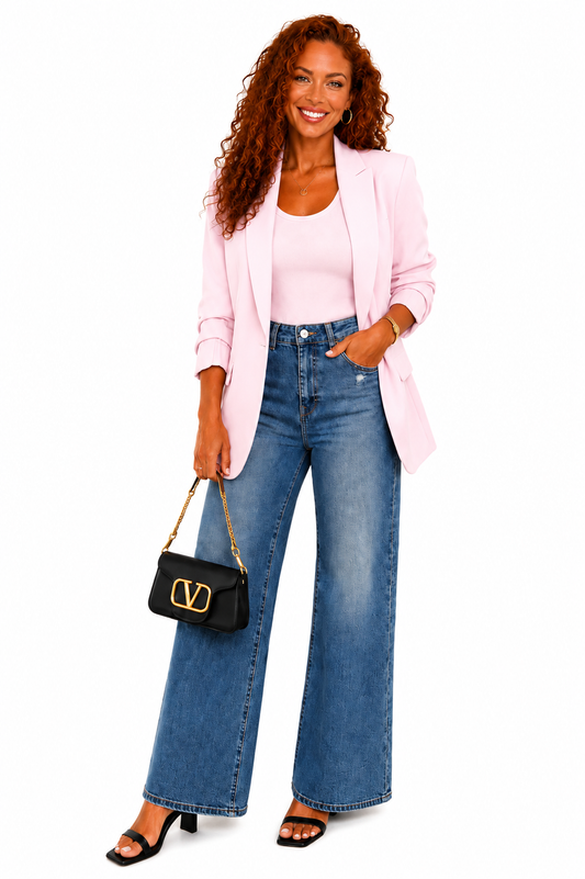 Pink Open Blazer with Ruched Sleeves