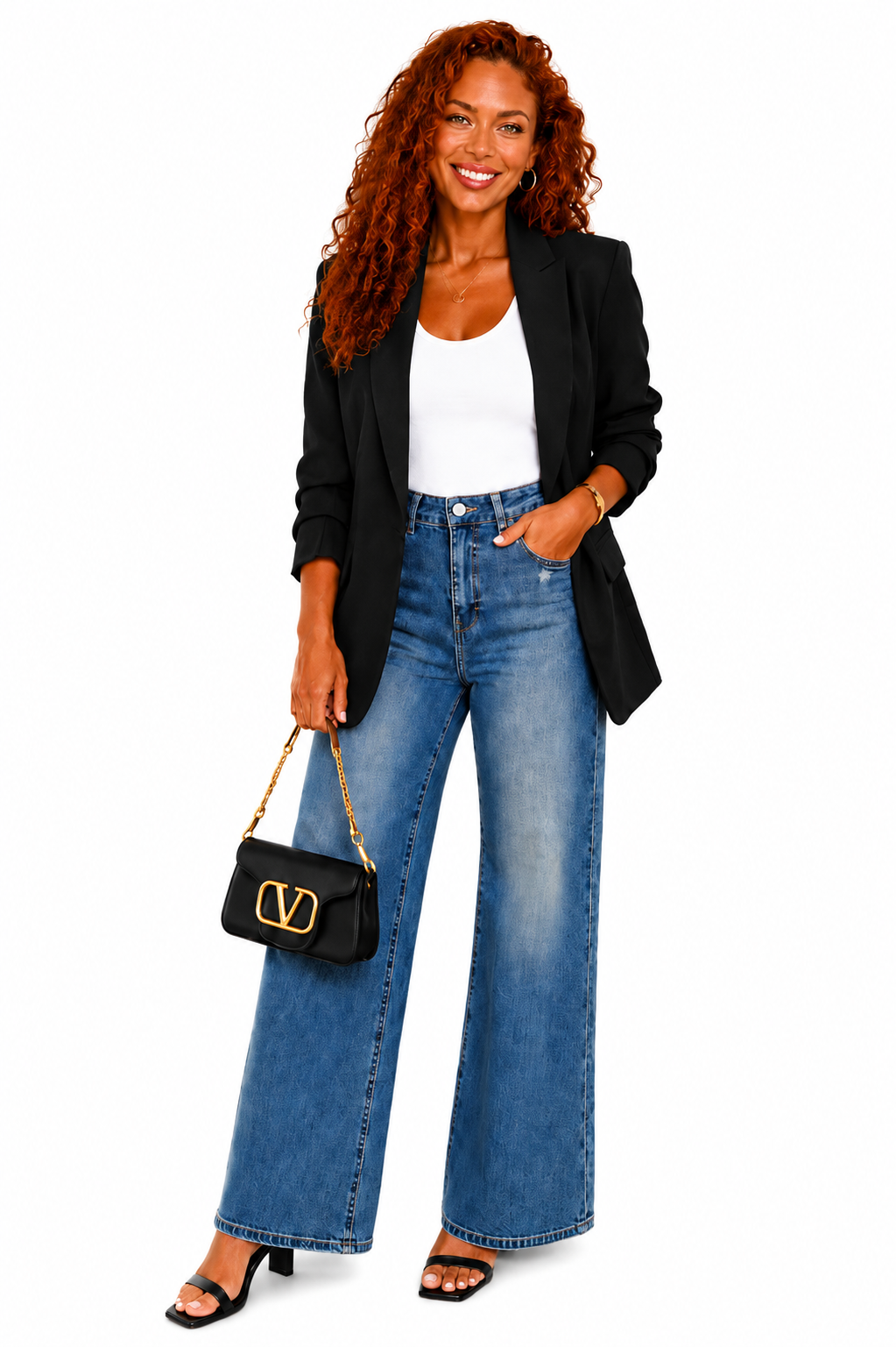 Black Open Blazer with Ruched Sleeves