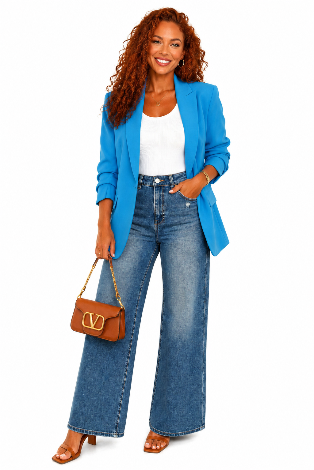 Blue Open Blazer with Ruched Sleeves