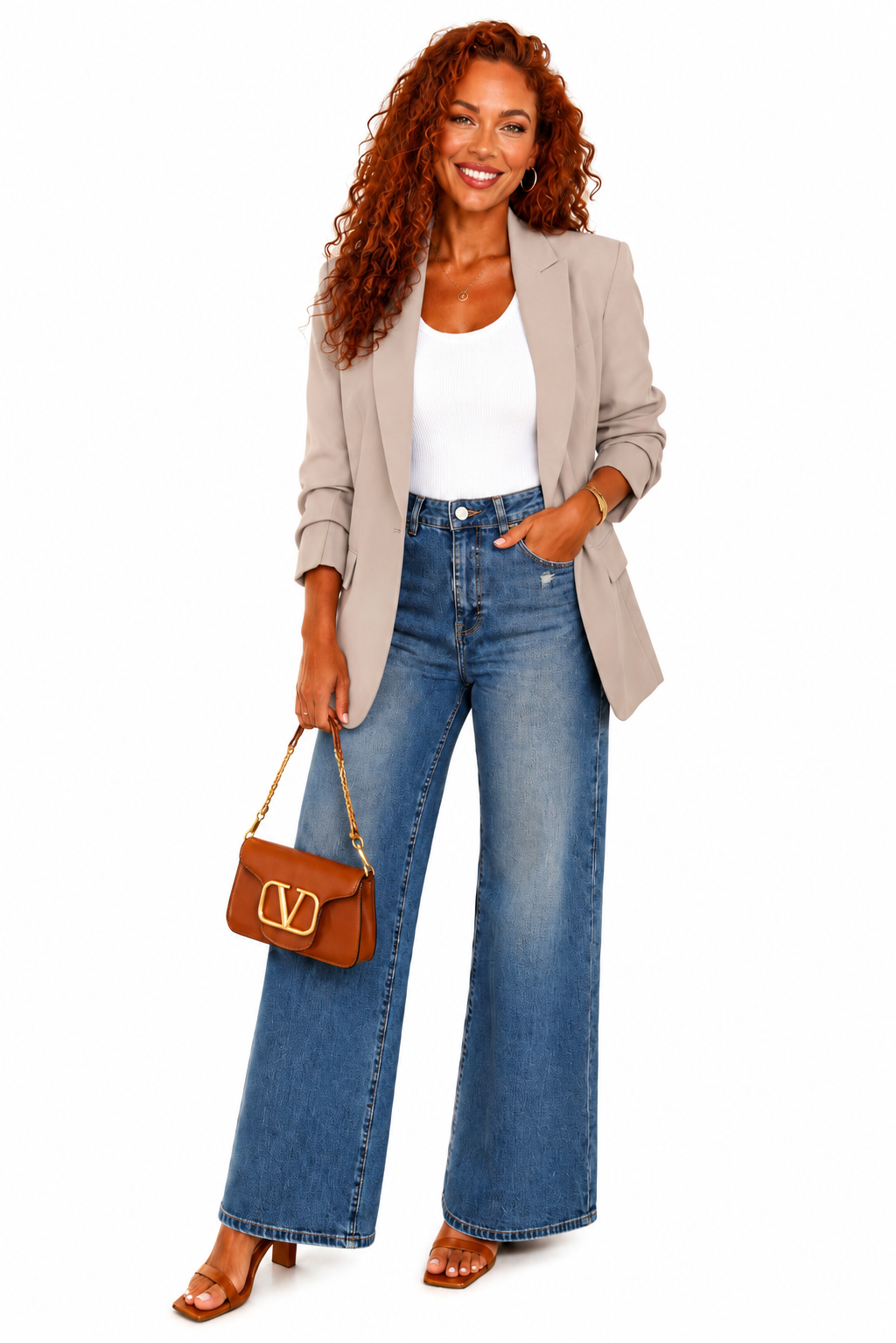 Taupe Open Blazer with Ruched Sleeves