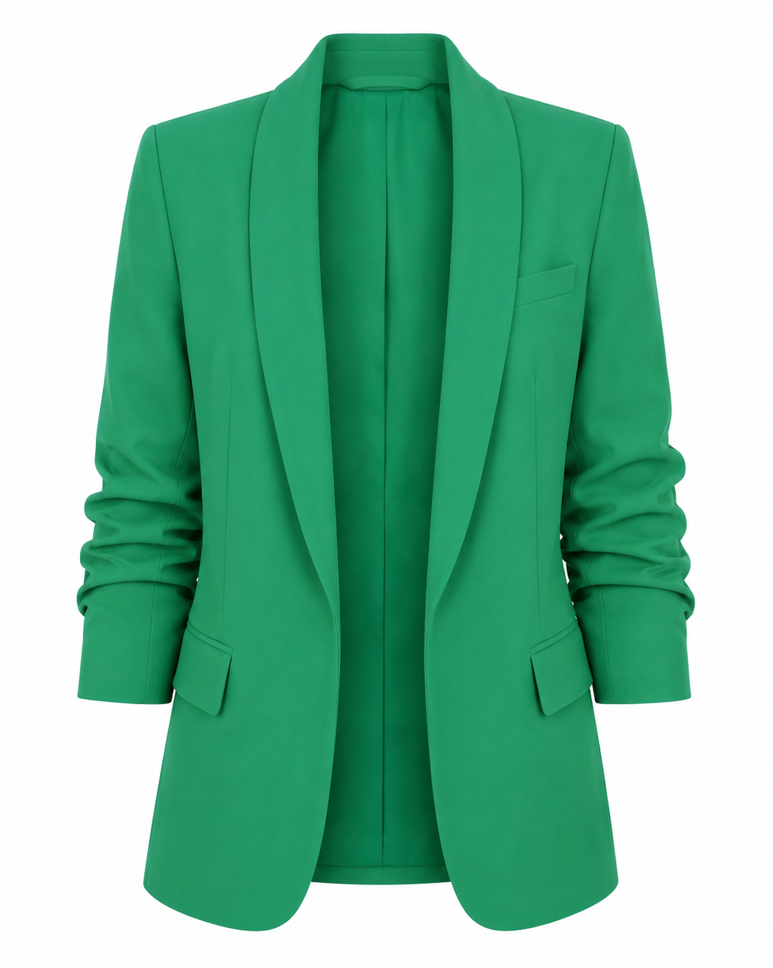 Green Open Blazer with Ruched Sleeves