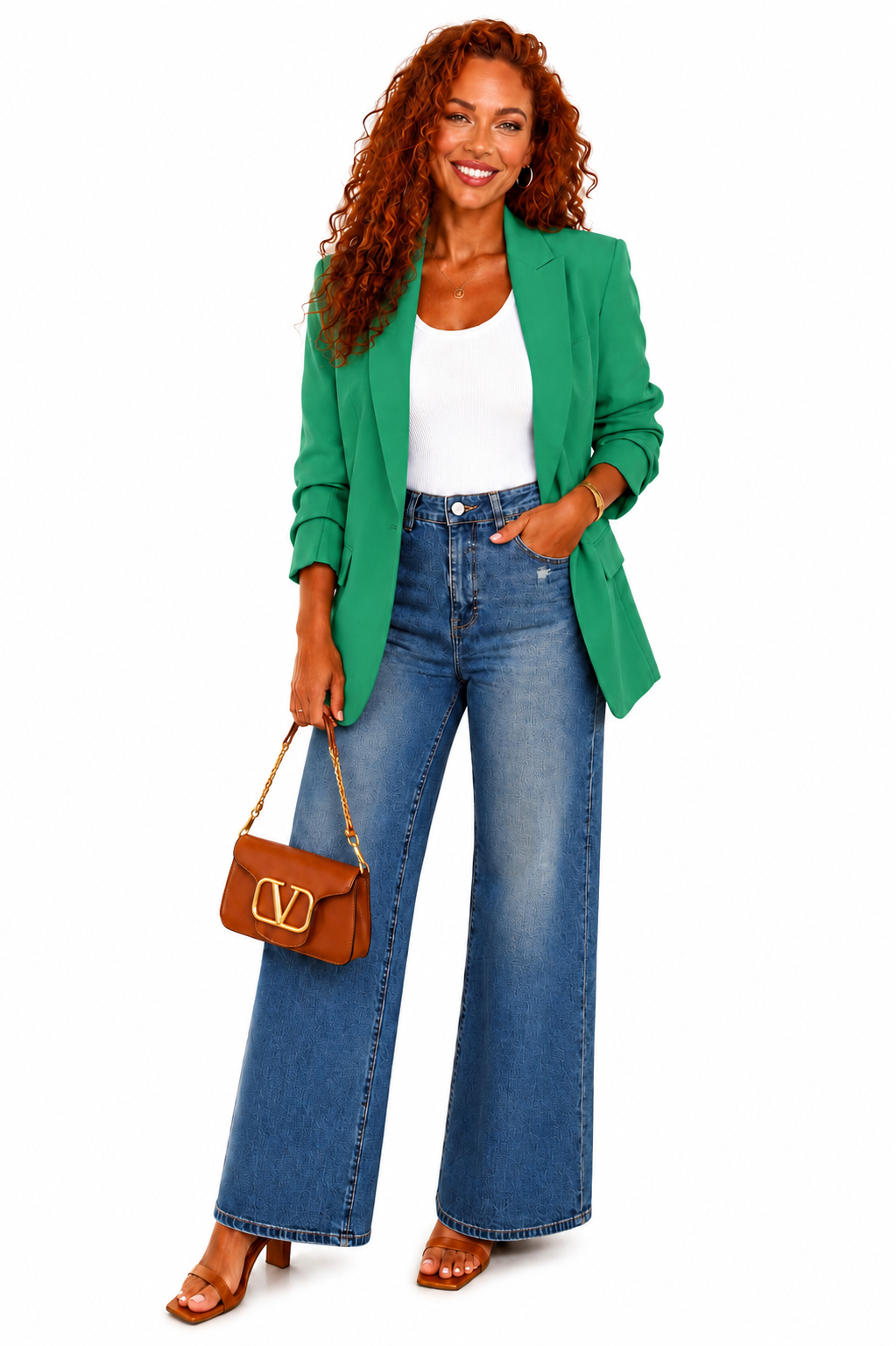 Green Open Blazer with Ruched Sleeves