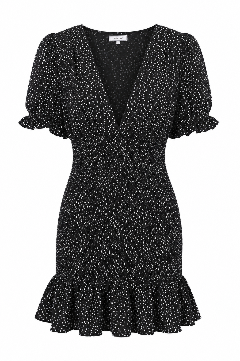 Black & White Polka Dot Print V Neck Mini Dress