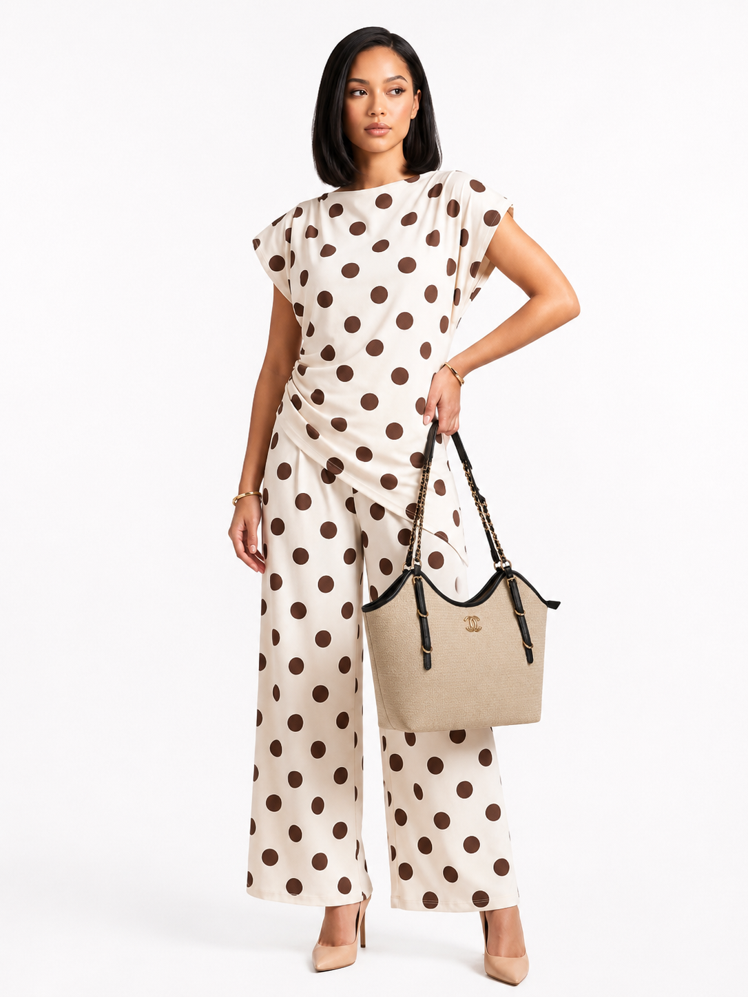 Cream & Brown Padded shoulder Polka Dots Wrap Blouse and Trouser Set