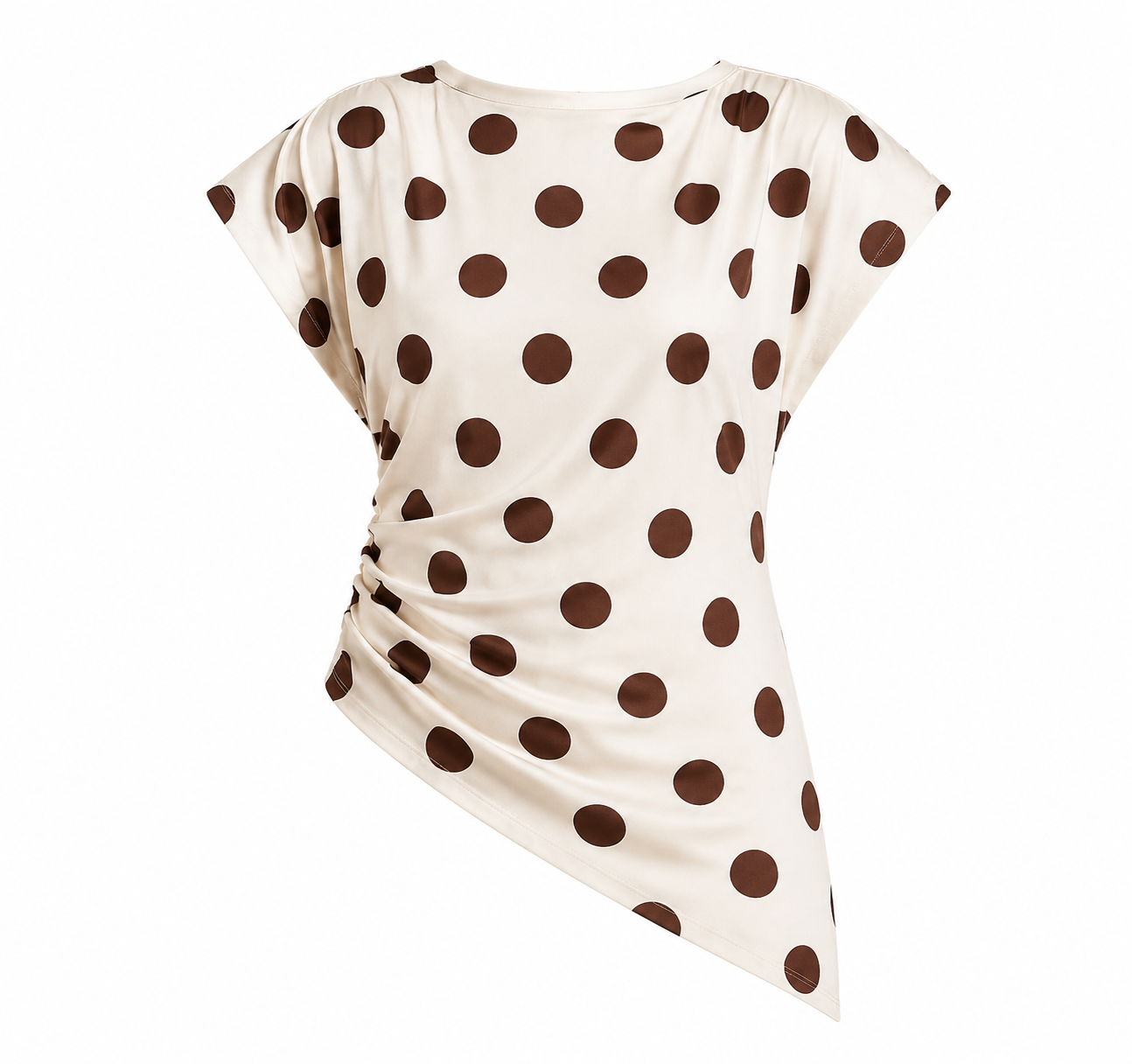 Cream & Brown Padded shoulder Polka Dots Wrap Blouse and Trouser Set