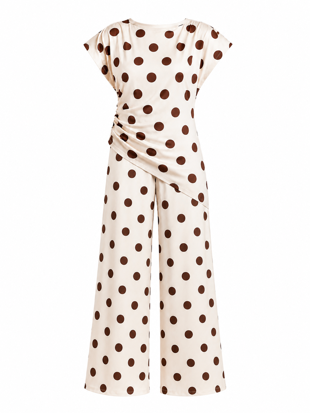 Cream & Brown Padded shoulder Polka Dots Wrap Blouse and Trouser Set