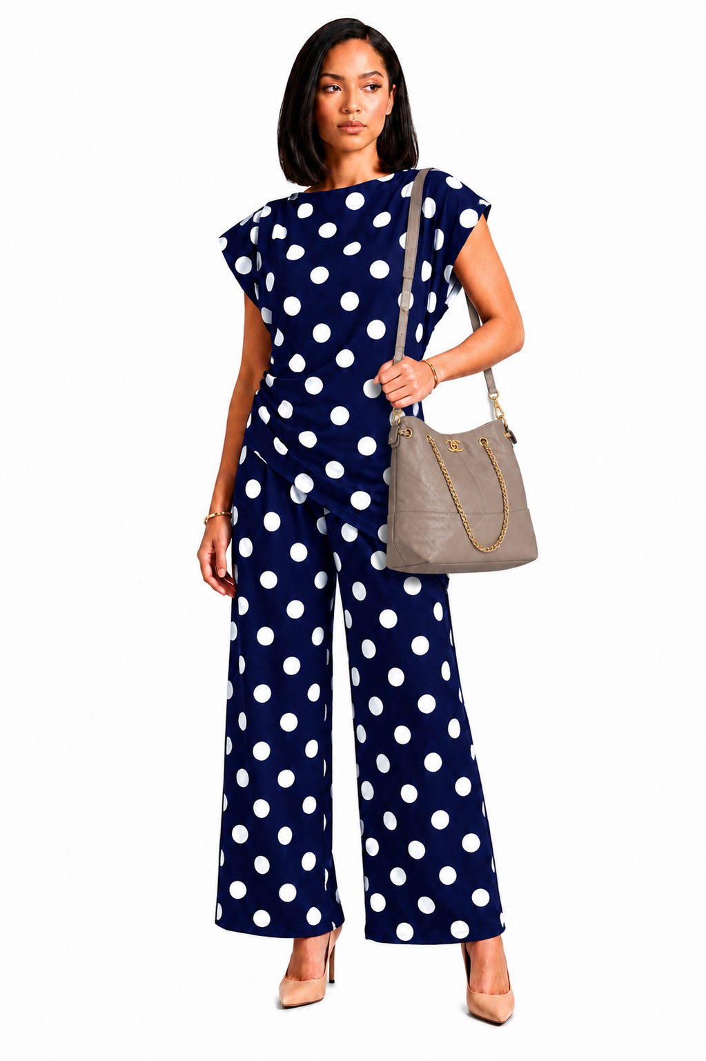 Navy & White Padded shoulder Polka Dots Wrap Blouse and Trouser Set