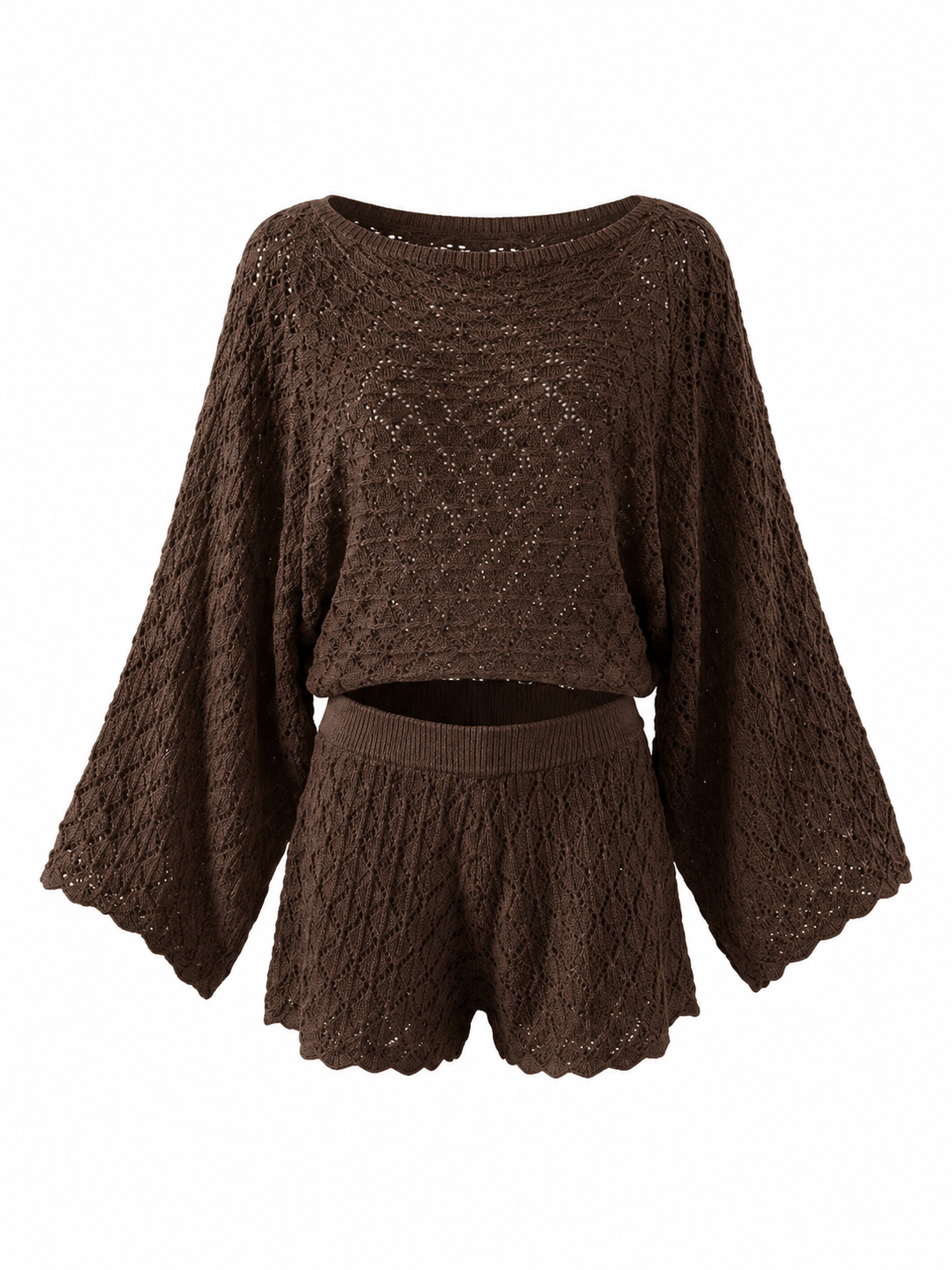 Brown Sheer Lace Oversized Long Sleeve Top And Shorts Set