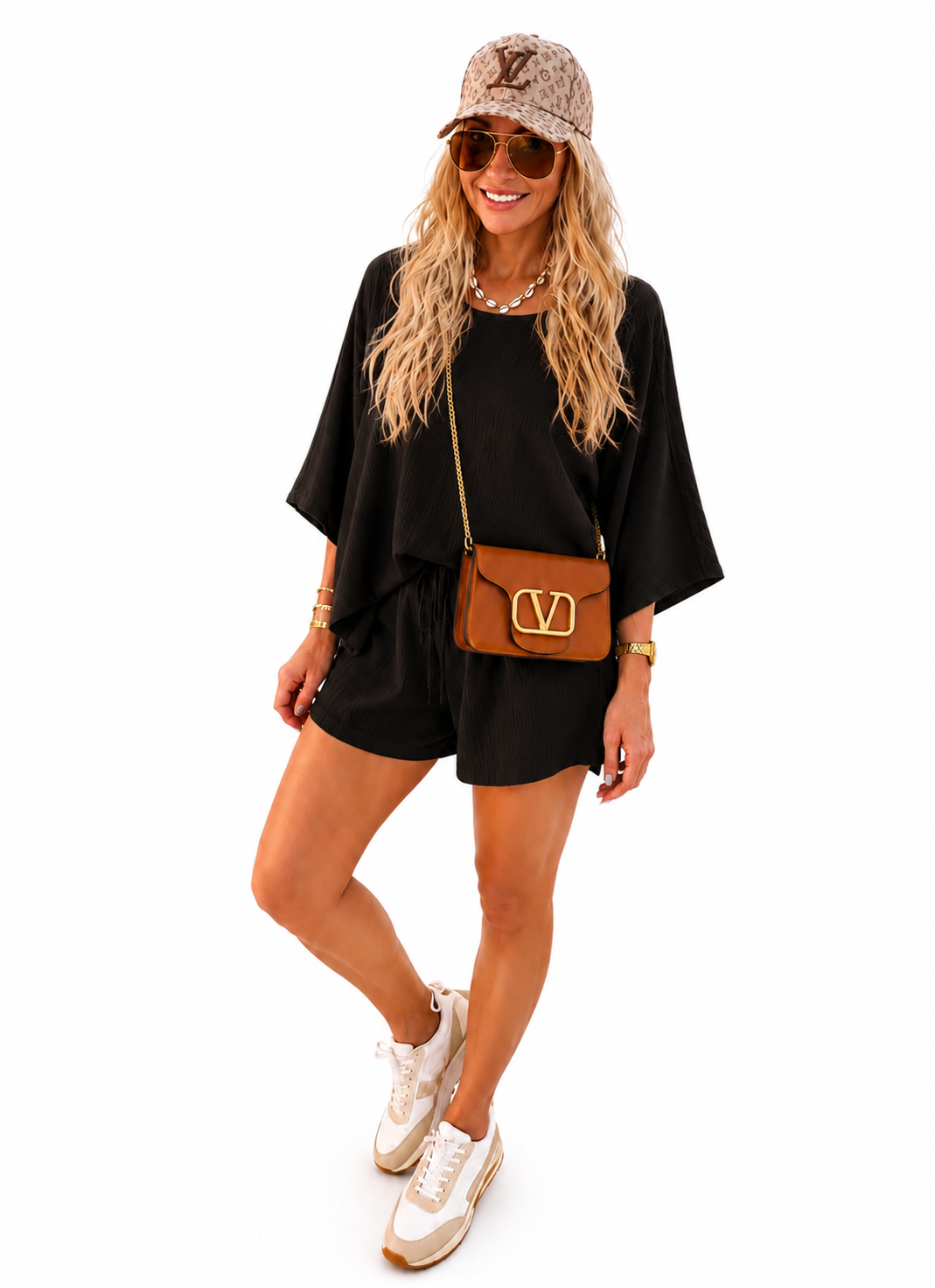 Black Crepe Textured Top and Shorts Set