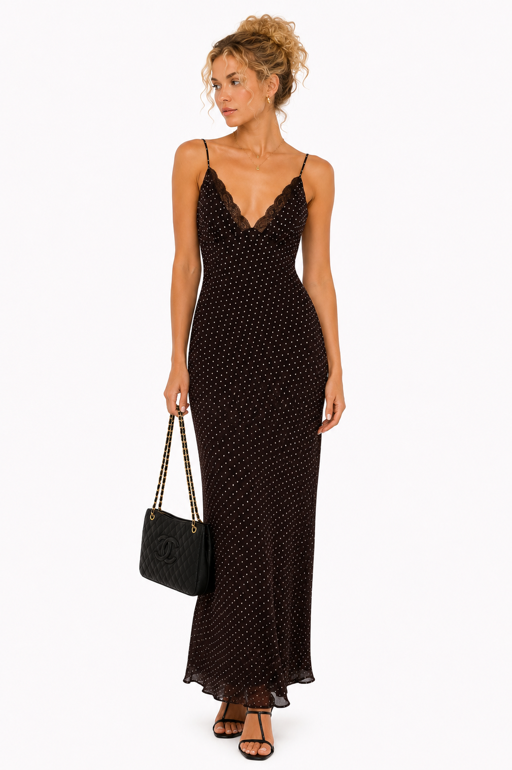 Polka Dots Lace Trim Maxi Dress