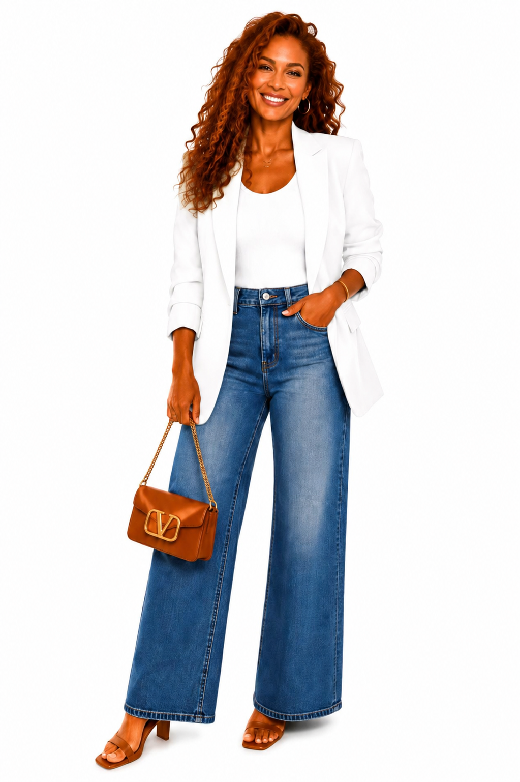 White Open Blazer with Ruched Sleeves