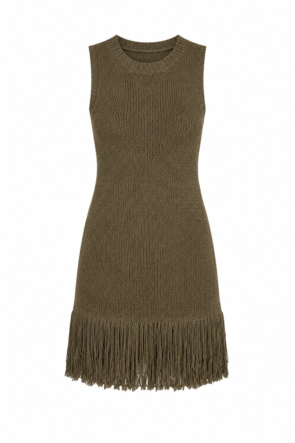 Khaki Fringe Knit Mini Dress