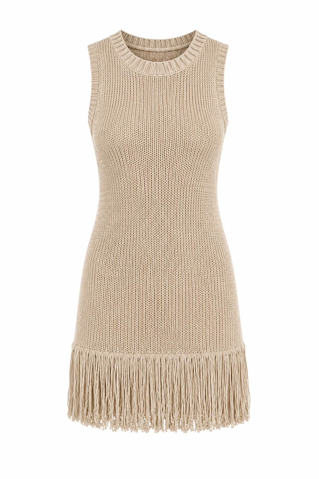 Beige Fringe Knit Mini Dress