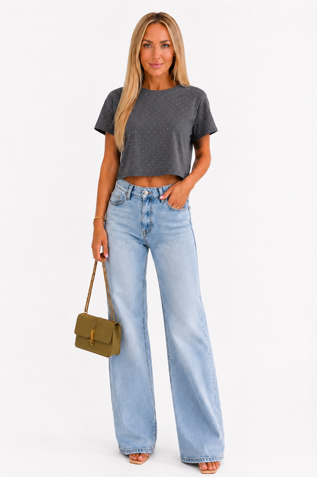 Charcoal Grey Embellished Crop Top
