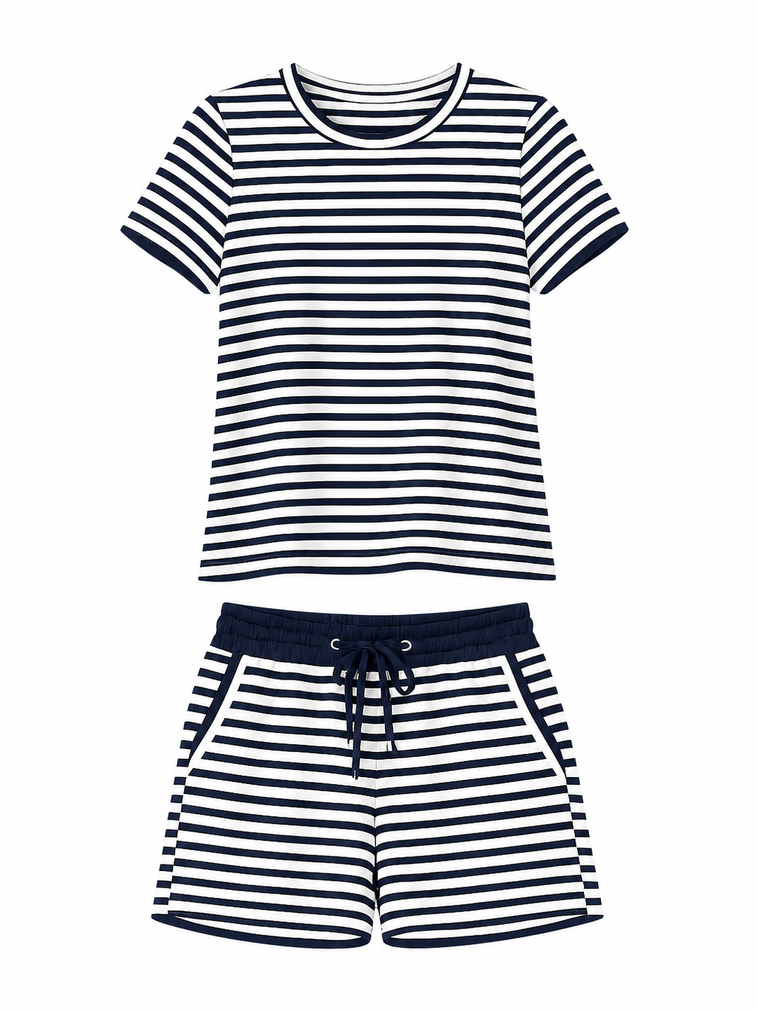 Navy Stripes Crew Neck Top and Shorts Set
