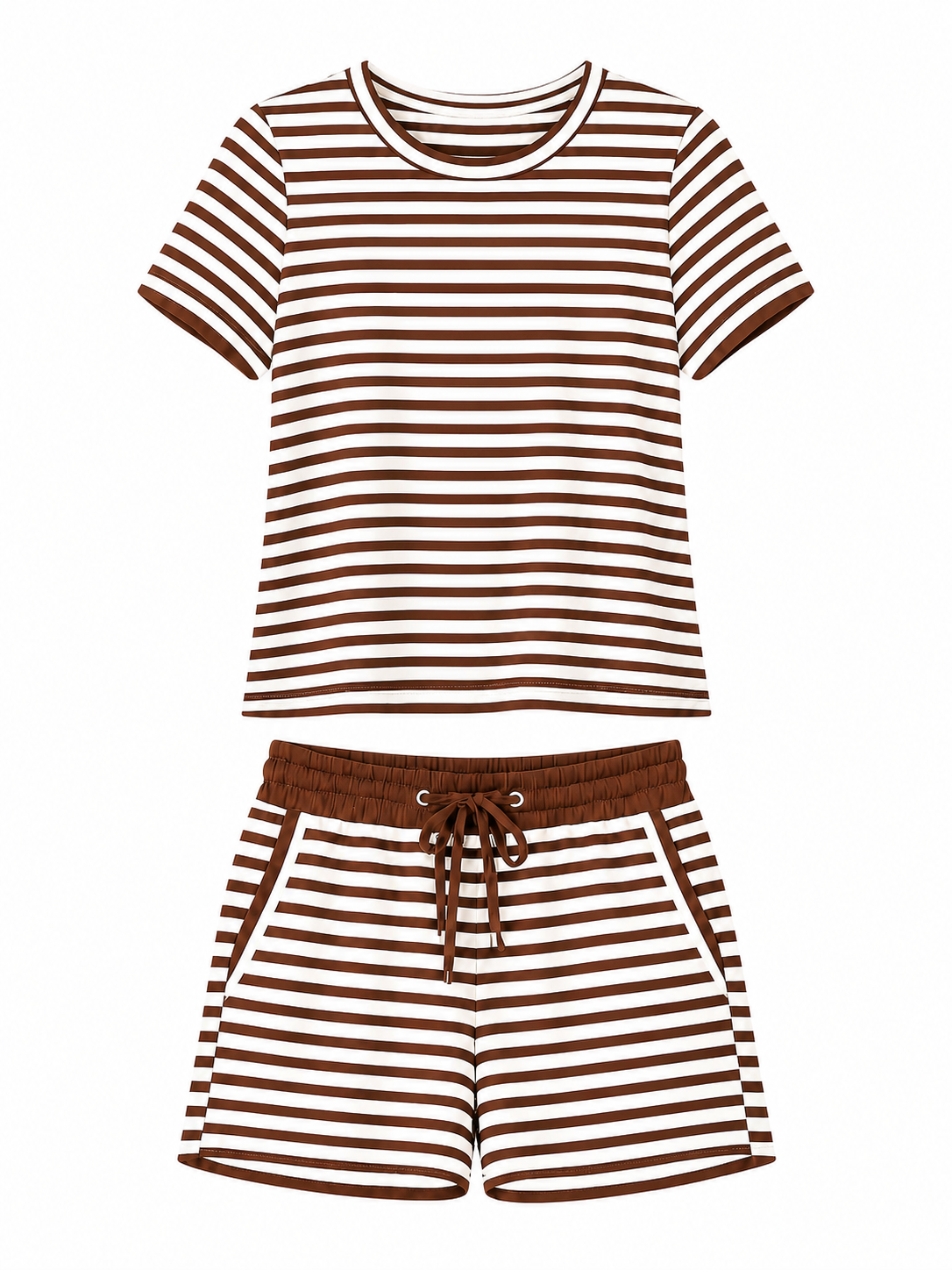 Brown Stripes Crew Neck Top and Shorts Set