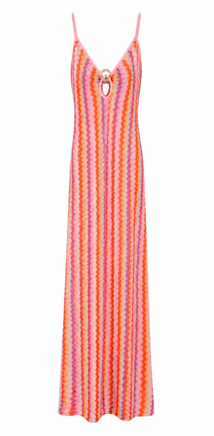Sunset Pink Waves Maxi Dress with Golden Ring Cut Out