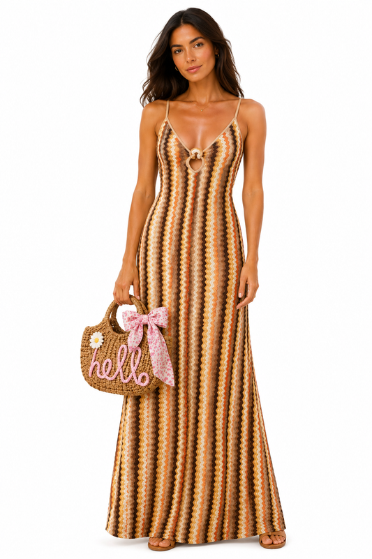 Sunset Multi Waves Maxi Dress with Golden Ring Cut Out