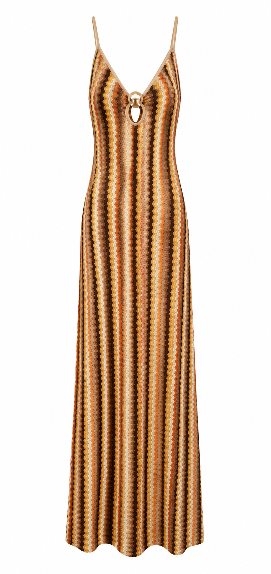 Sunset Multi Waves Maxi Dress with Golden Ring Cut Out