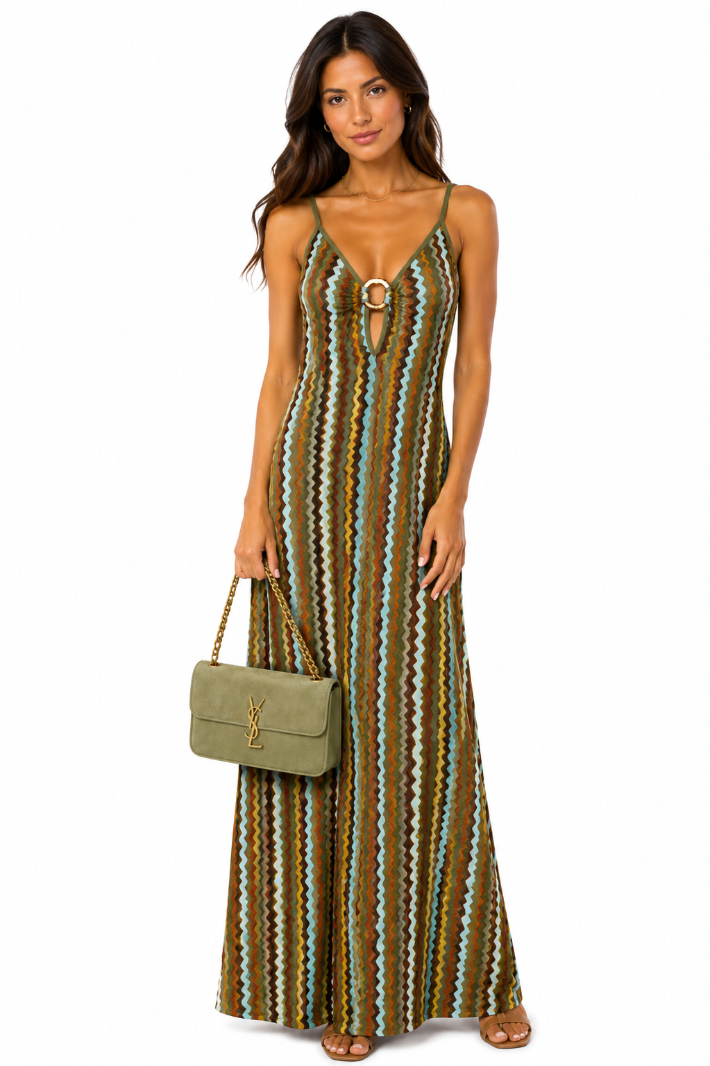 Sunset Waves Maxi Dress with Golden Ring Cut Out
