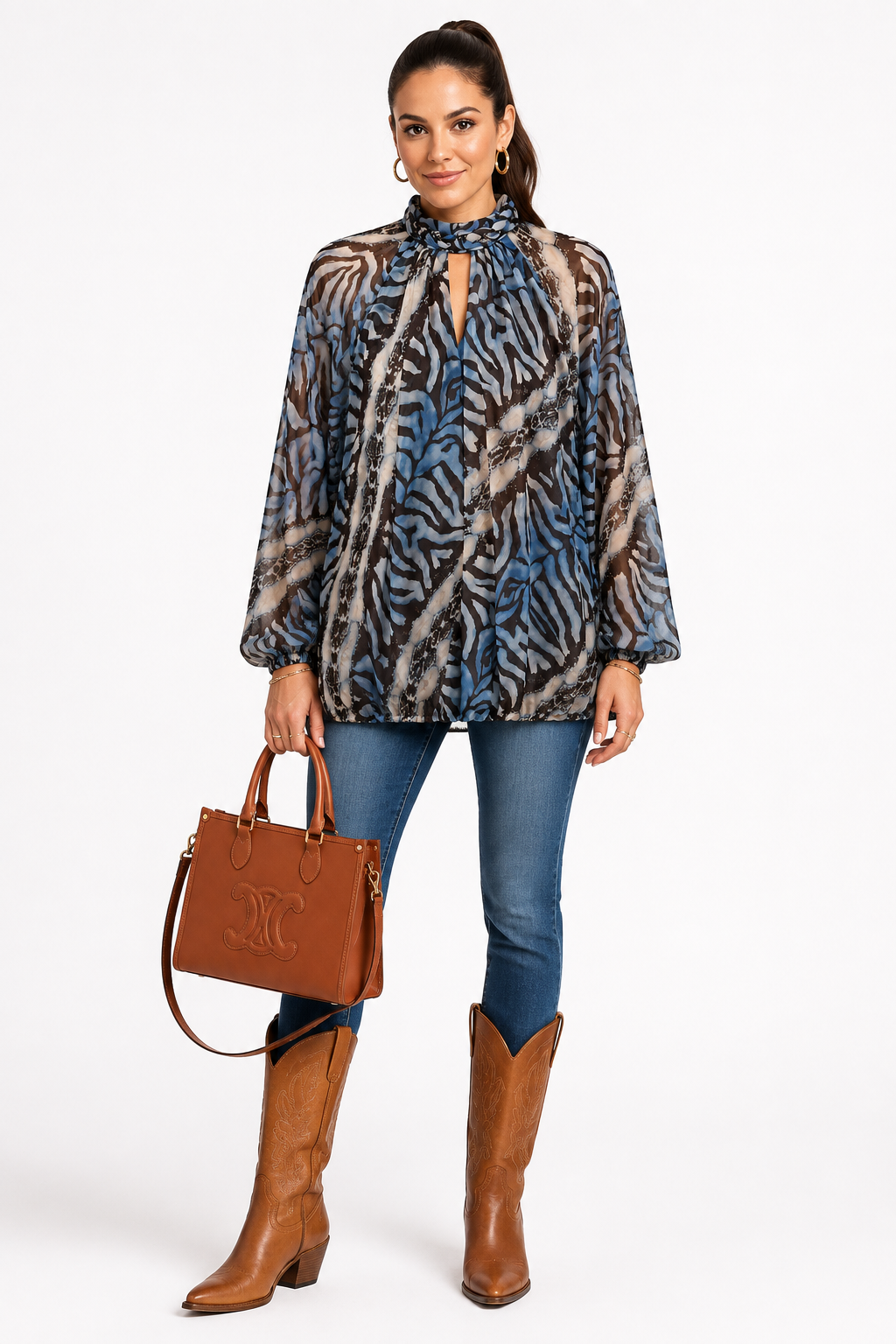 Blue Scarf Print Blouse
