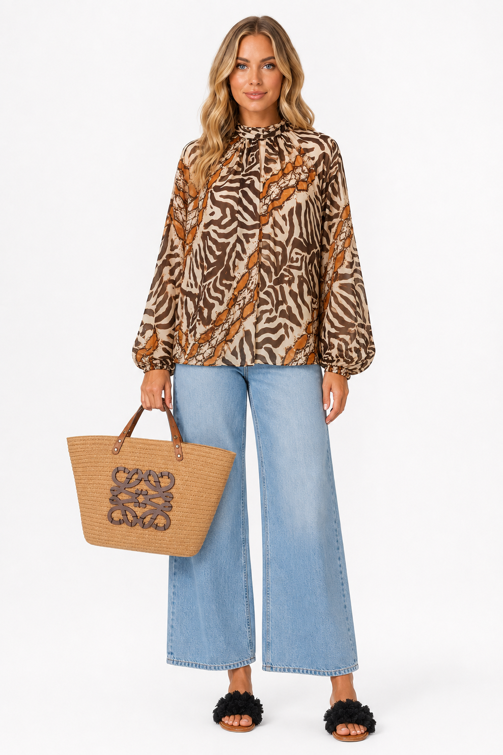 Brown Scarf Print Blouse