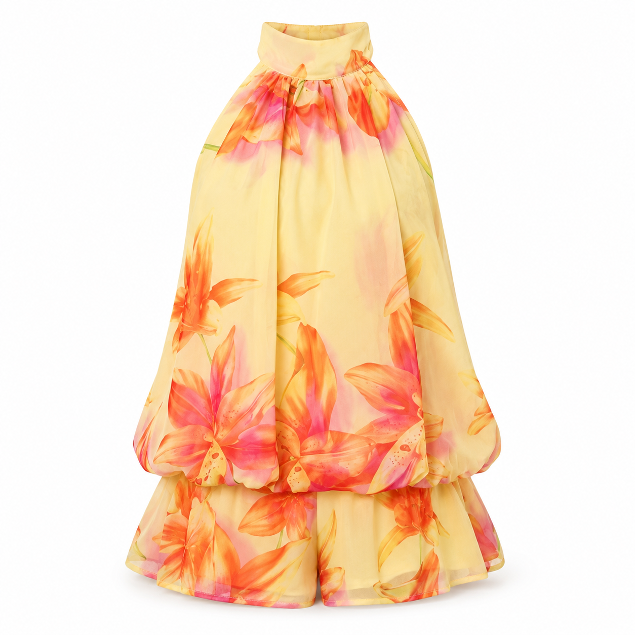 Tropical Halter Tiered Hem Playsuit
