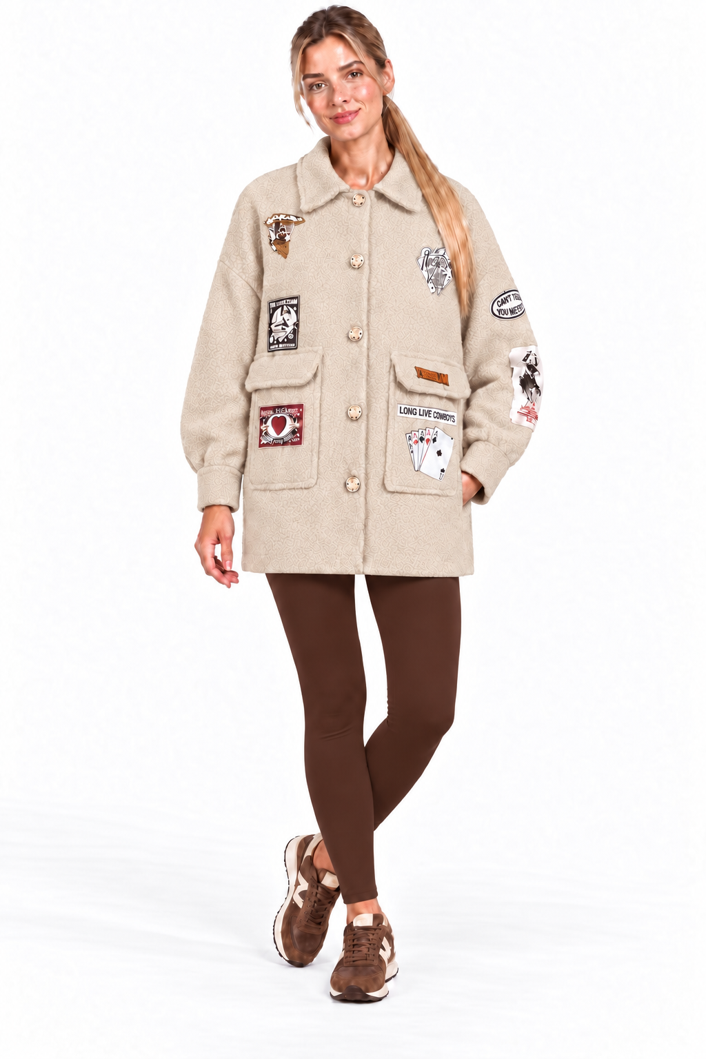 Beige Patch Motif Borg Shacket