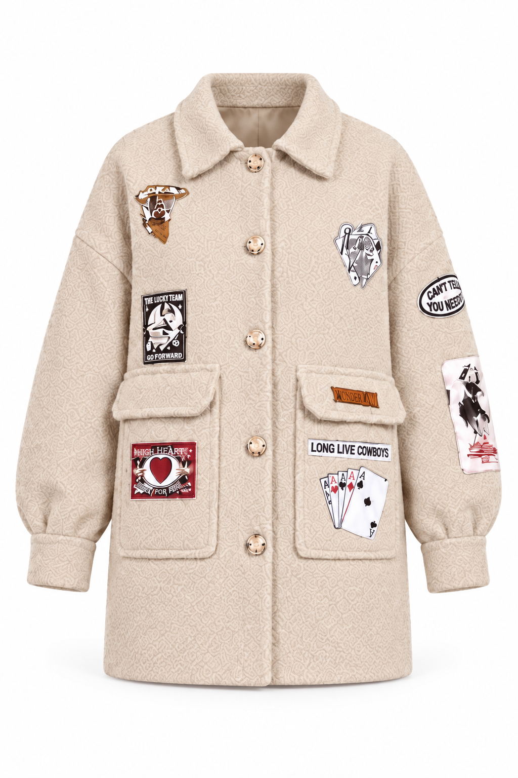 Beige Patch Motif Borg Shacket