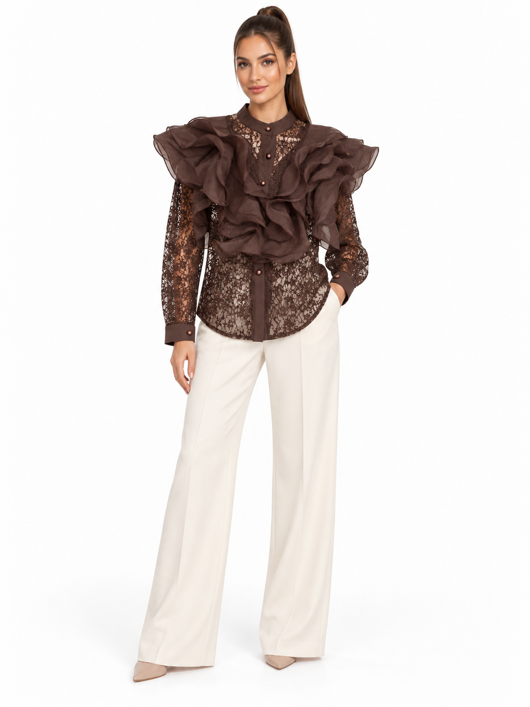 Chocolate Ruffle Lace Blouse