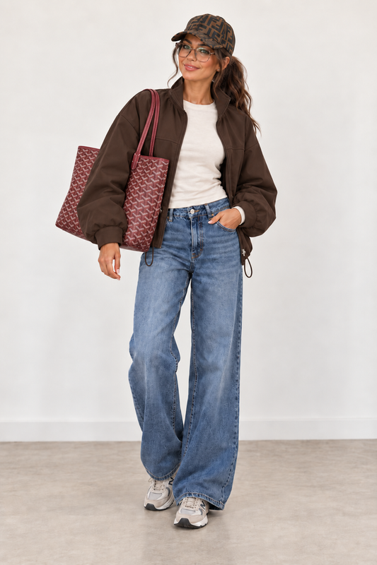 Brown High Neck Drawstring Utility Jacket