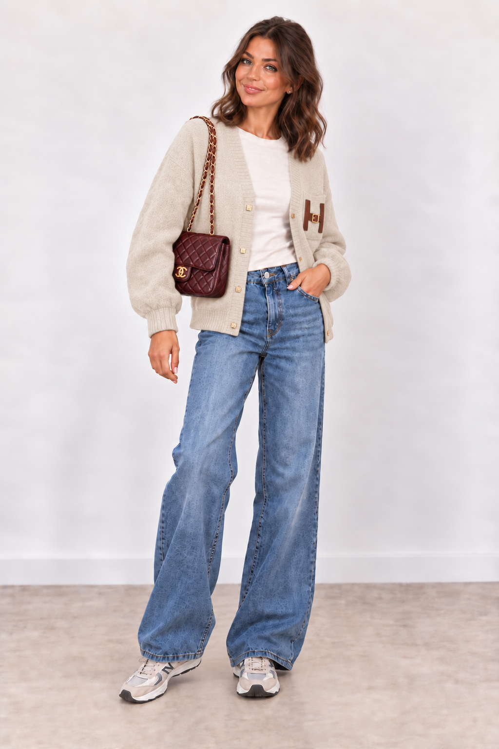 Cream H Motif Wool Blend Cardigan
