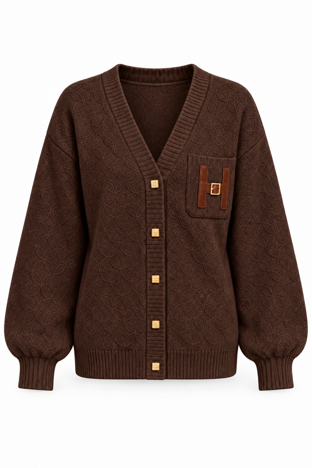 Brown H Motif Wool Blend Cardigan