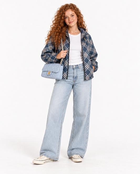 Navy Plaid Check Hooded Jacket