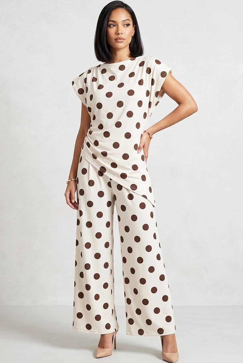 Padded shoulder Polka Dots Wrap Blouse and Trouser Set