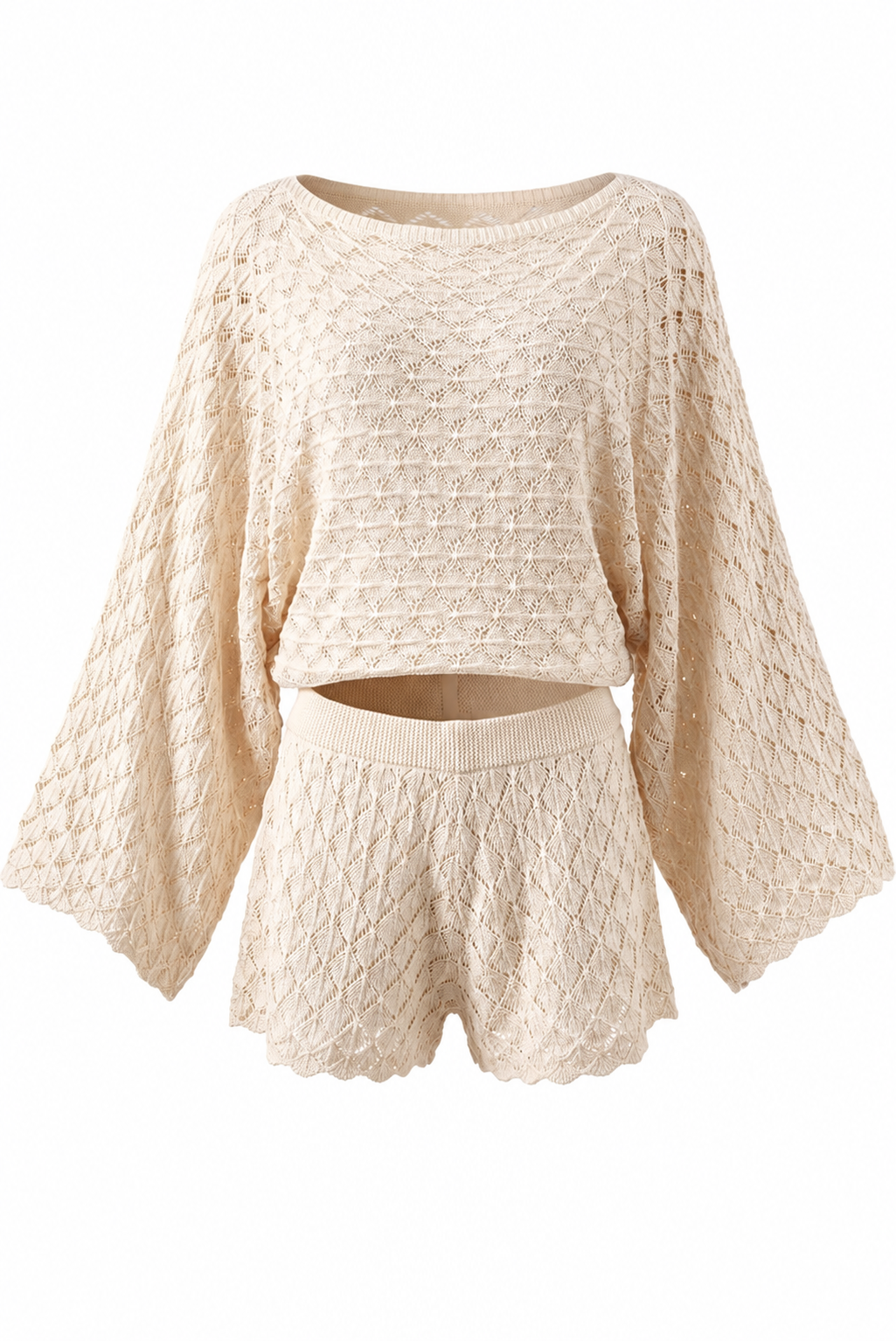 Sheer Lace Oversized Long Sleeve Top And Shorts Set