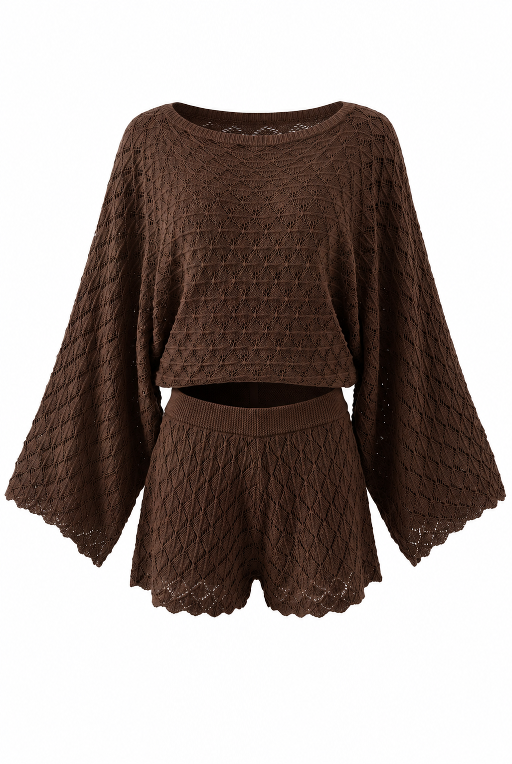 Sheer Lace Oversized Long Sleeve Top And Shorts Set