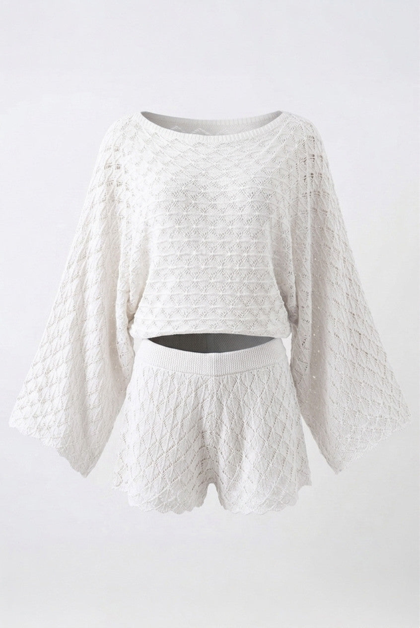 Sheer Lace Oversized Long Sleeve Top And Shorts Set